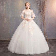 Bride Use Ivory Bridal Gowns Champagne Vintage Lace  O-neck Tulle Ball Gown Floor Length Wedding Dress Fast Delivery